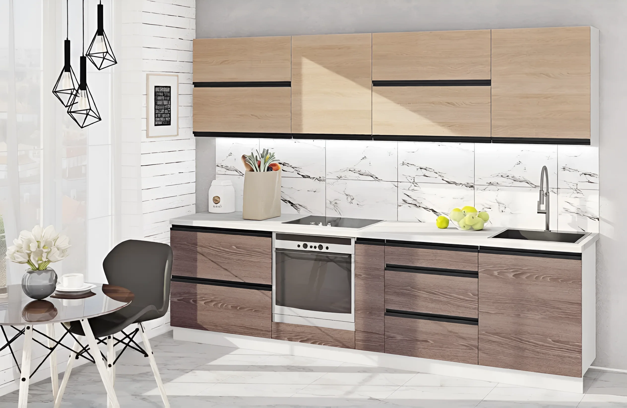 Кухня матовая "Тренд" 2 метра в цвете дуб сонома трюфель, современный дизайн, угловая кухня, фото интерьера кухни.