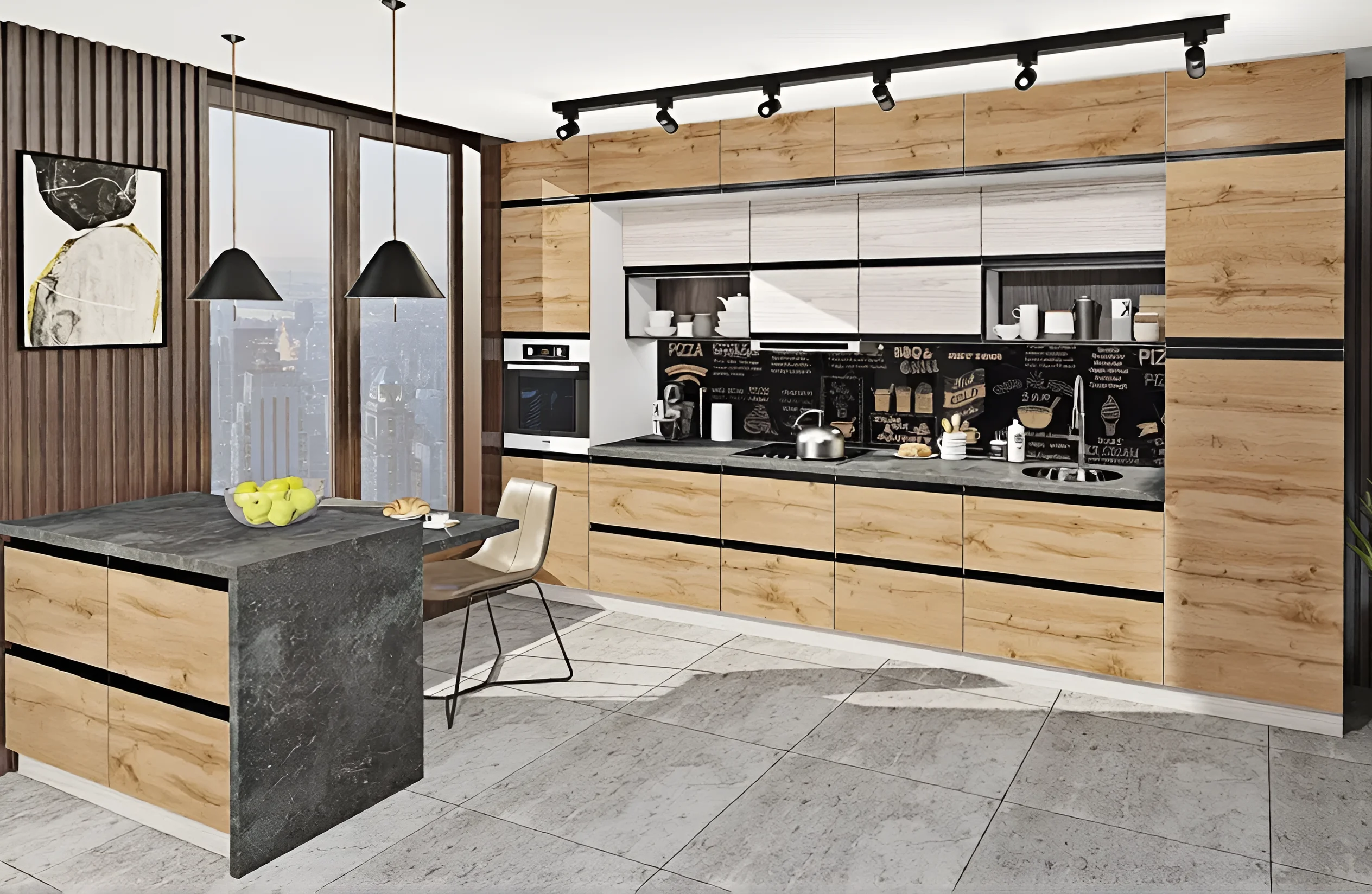 Современная матовая кухня "Тренд" 2 метра в цвете дуб сонома трюфель с островом, стильный дизайн интерьера кухни.