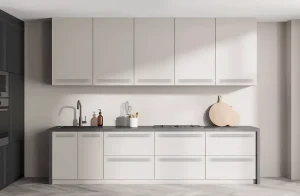 Белая модульная кухня "Альфа ручка" 360 см с фасадами из крашеного МДФ, современный дизайн, стильный интерьер кухни.