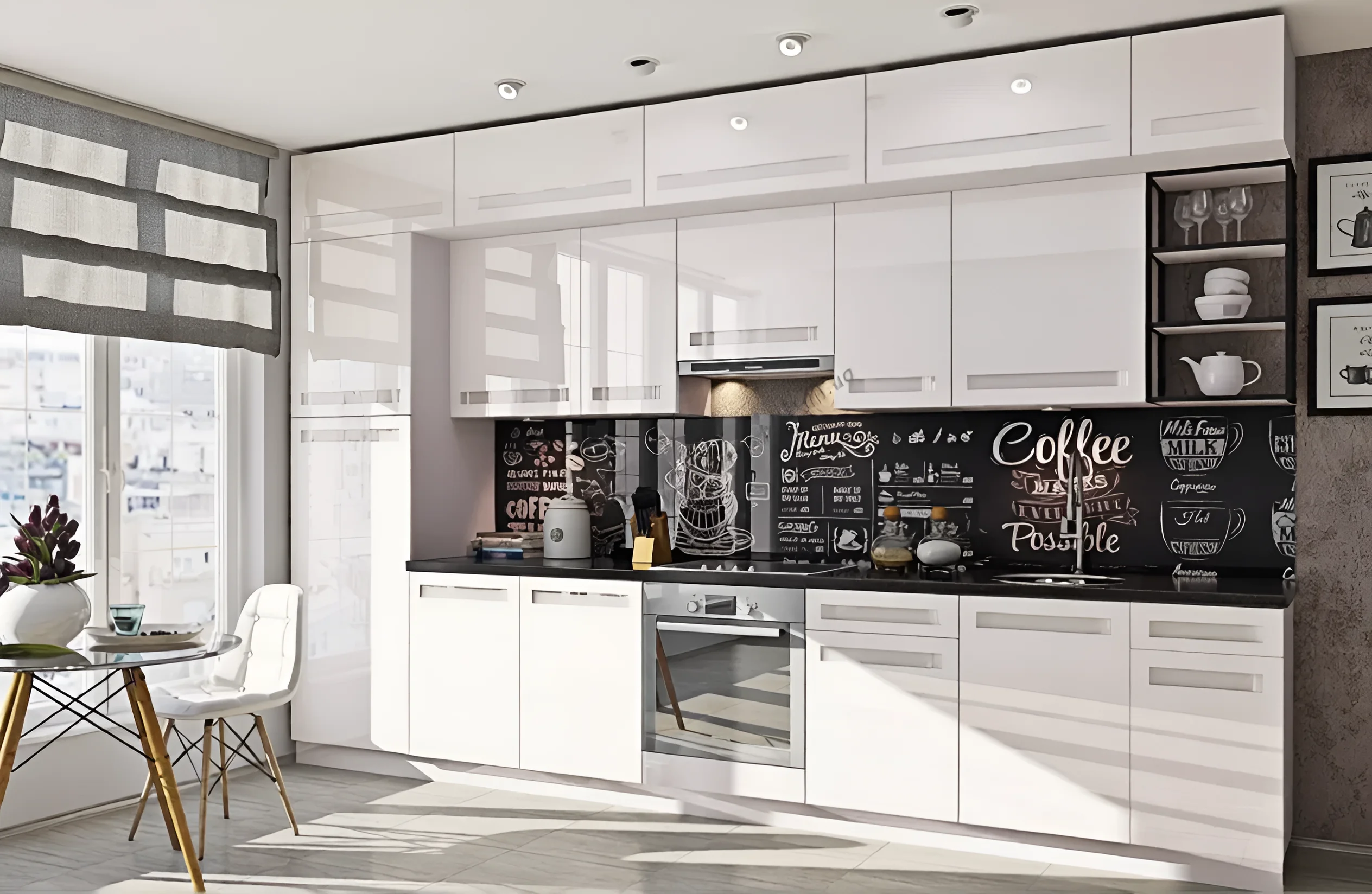 Белая модульная кухня "Альфа ручка" 360 см с фасадами из крашеного МДФ, современный дизайн, стильный интерьер кухни.