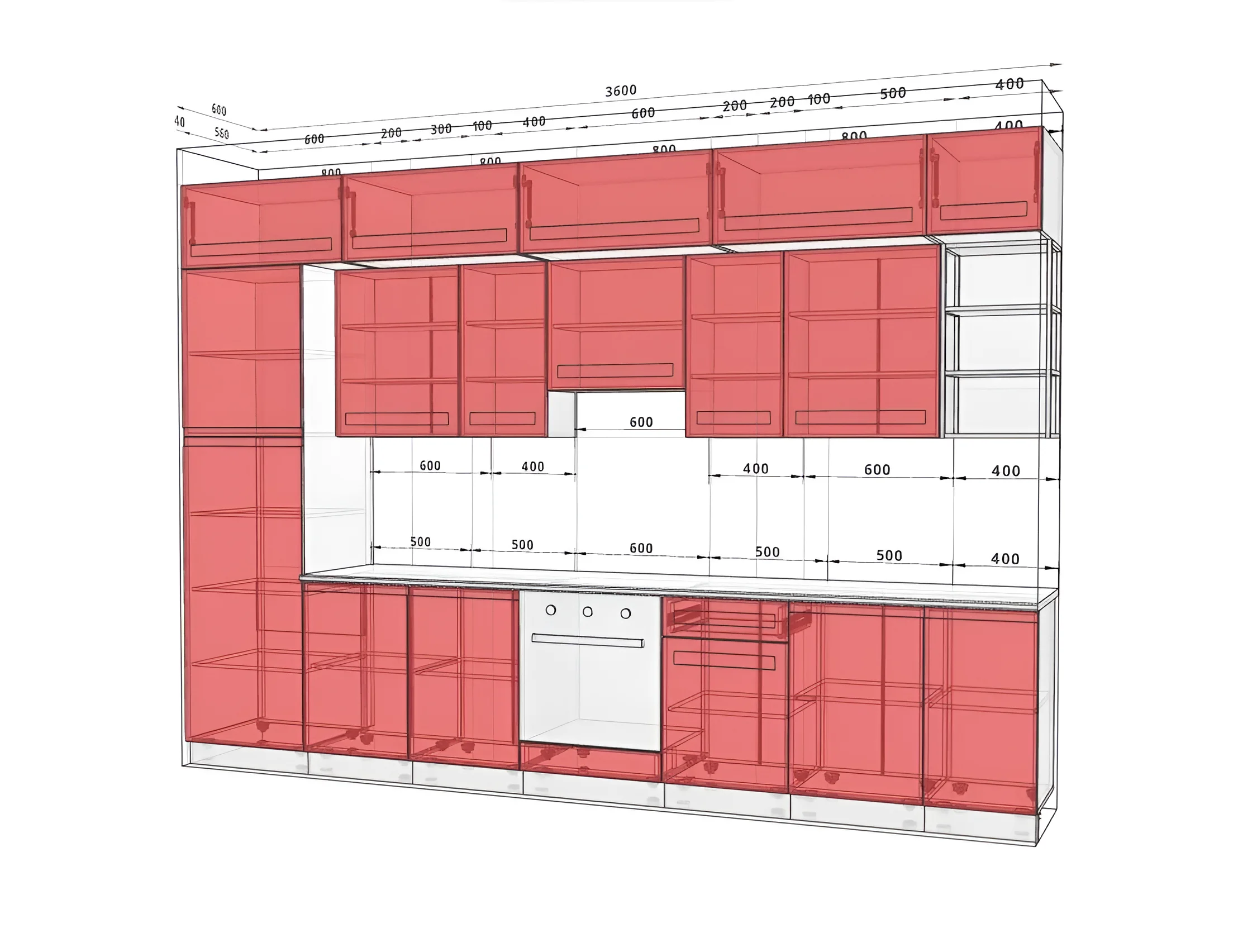 Модульная кухня "Альфа ручка" 360 см, белый крашеный МДФ, современный дизайн, схема расположения шкафов, кухонный гарнитур.