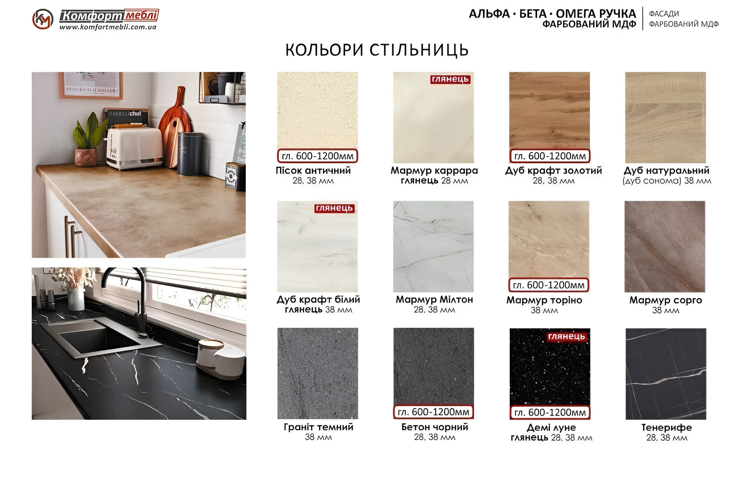 Белая модульная кухня "Альфа ручка" 360 см с фасадами из крашеного МДФ, современный дизайн, варианты цветовых решений столешниц.