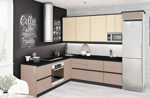 Модульная кухня "Gola ручка" 3,3м с фасадами "Лофт" Капучино в современном интерьере, фото высокого качества.