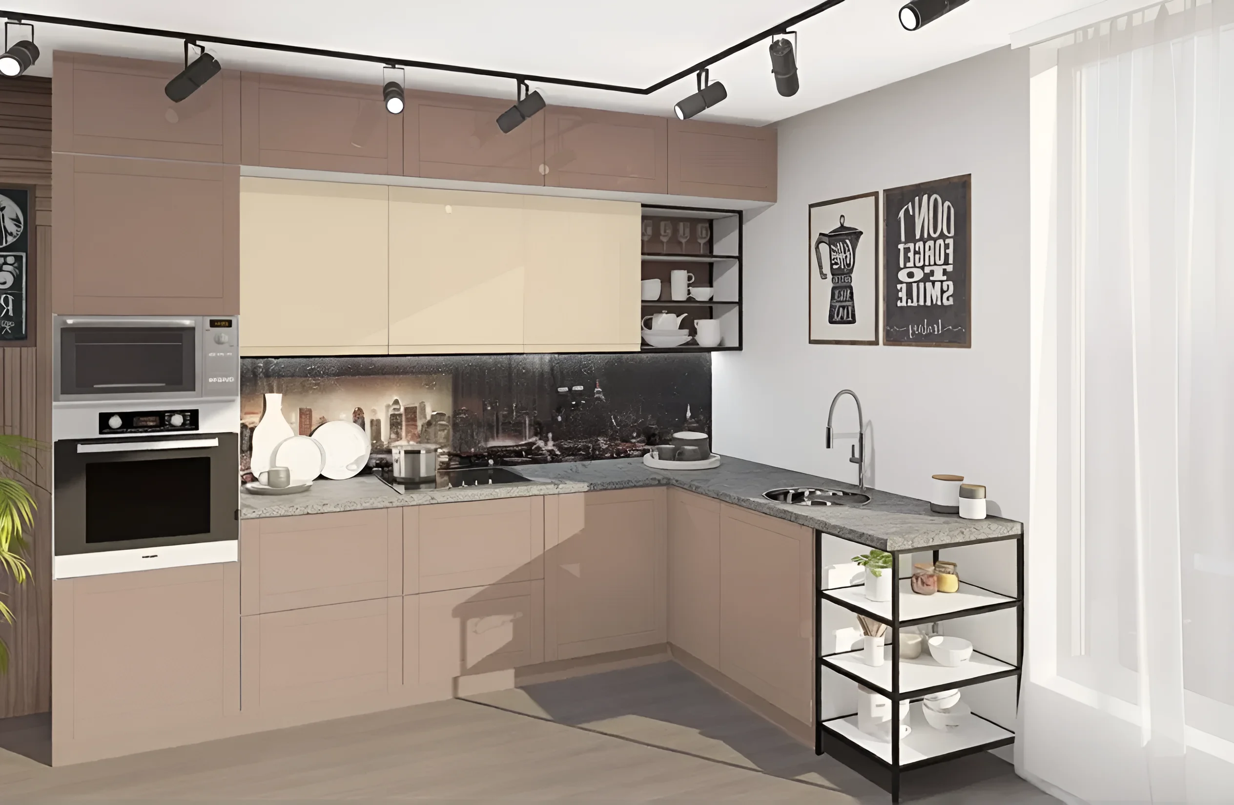 Кухня модульная "Рамка" 360 см, бежевый крашеный МДФ, угловая планировка, современный дизайн, фото интерьера кухни от MebelTops.