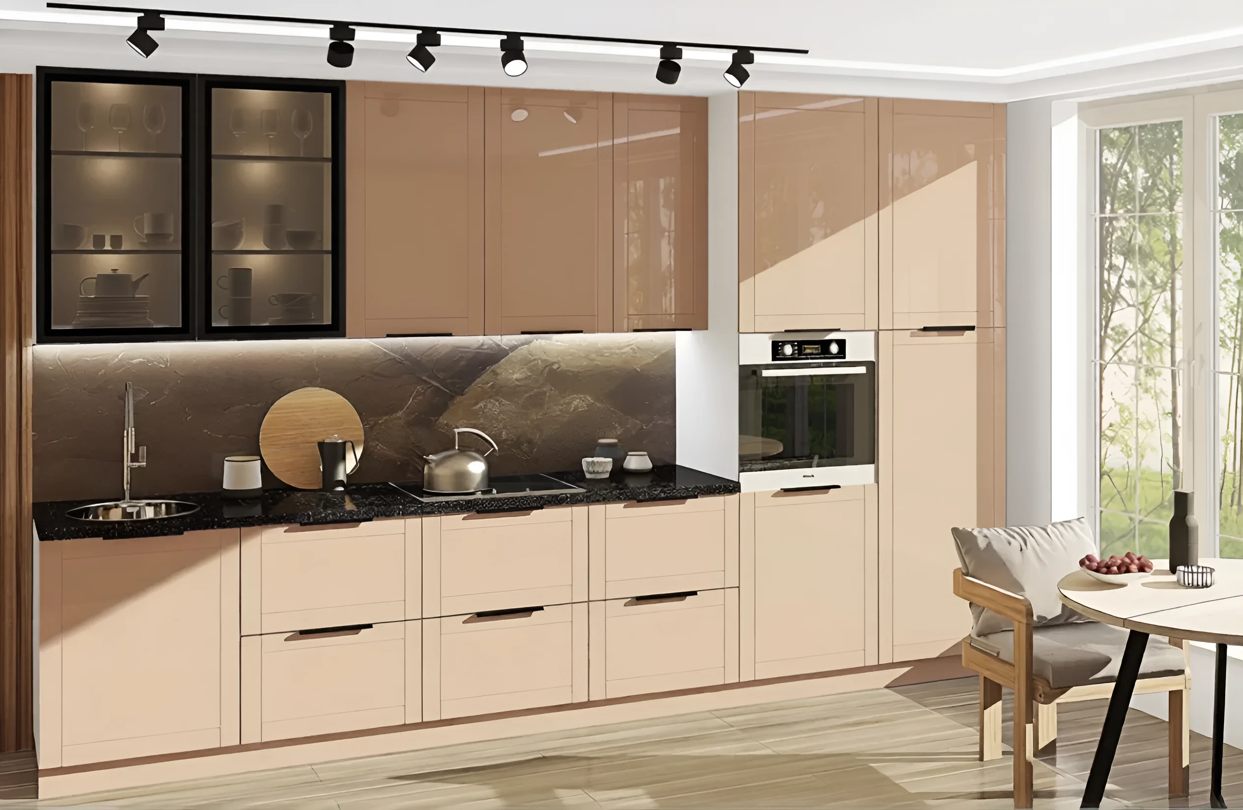 Кухня модульная "Рамка" 360 см бежевого цвета с фасадами из крашеного МДФ, современный дизайн, черная столешница, стеклянные элементы.
