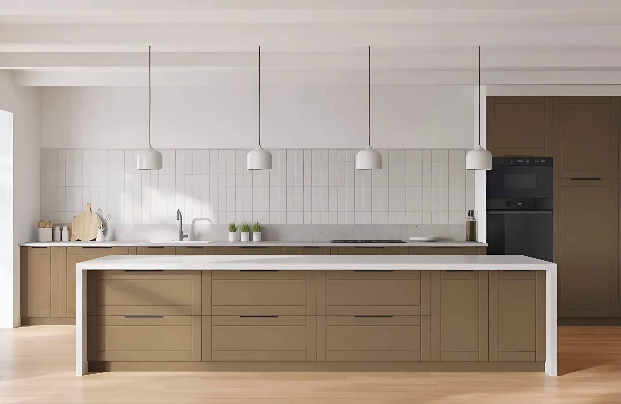 Кухня модульная "Рамка" 360 см бежевого цвета с фасадами из крашеного МДФ, современный дизайн, светлая кухня, кухонный гарнитур.