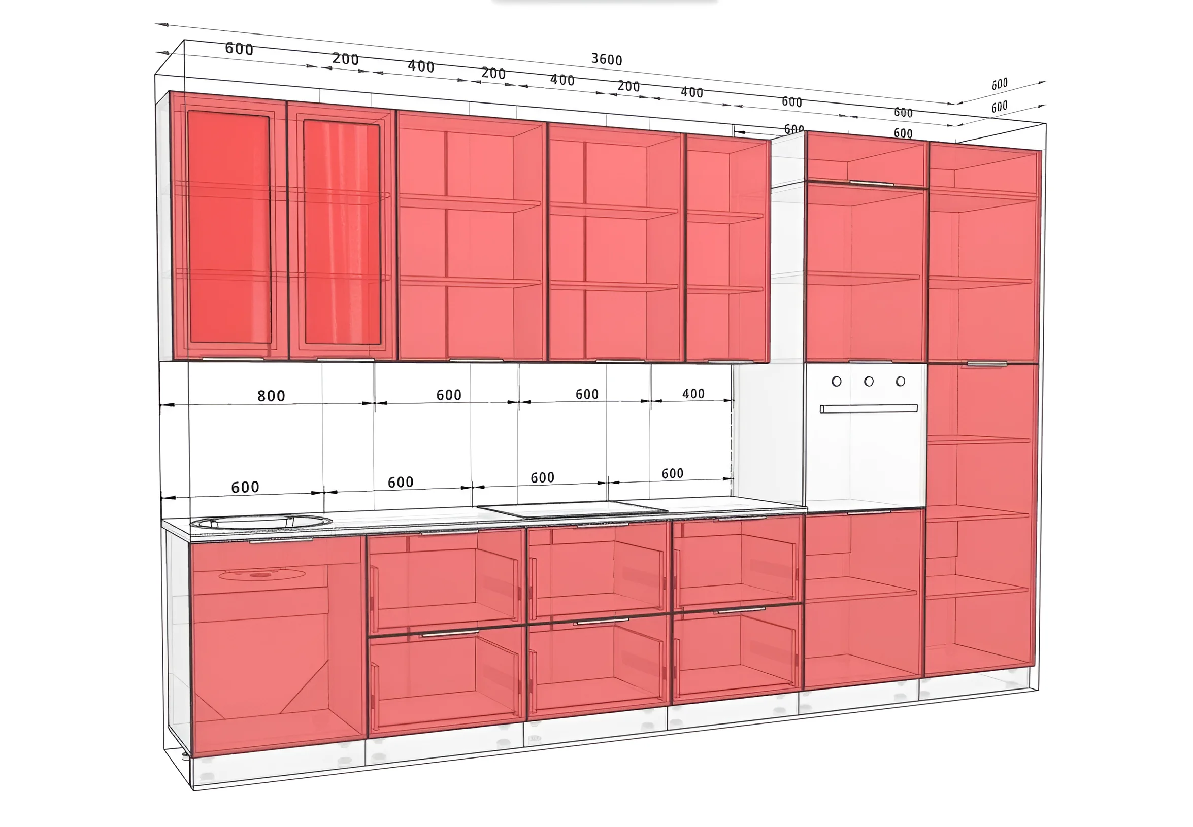 Кухня модульная "Рамка" 360 см, крашеный МДФ бежевого цвета, современный дизайн, схема расположения модулей, MebelTops.