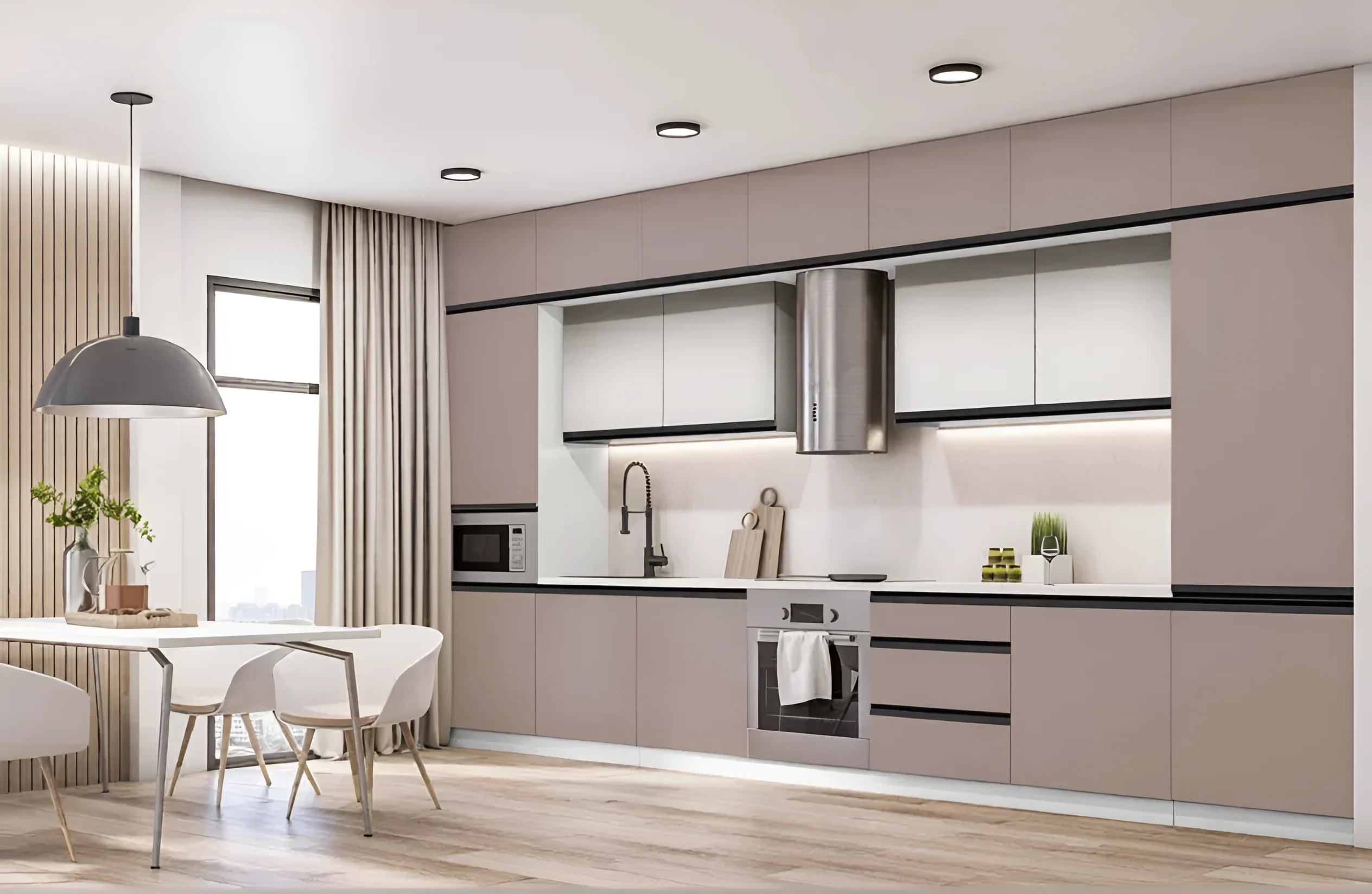 Современная модульная кухня "Тренд" 420 см в белом и тоффи цвете с подсветкой, стильный дизайн интерьера кухни-гостиной.