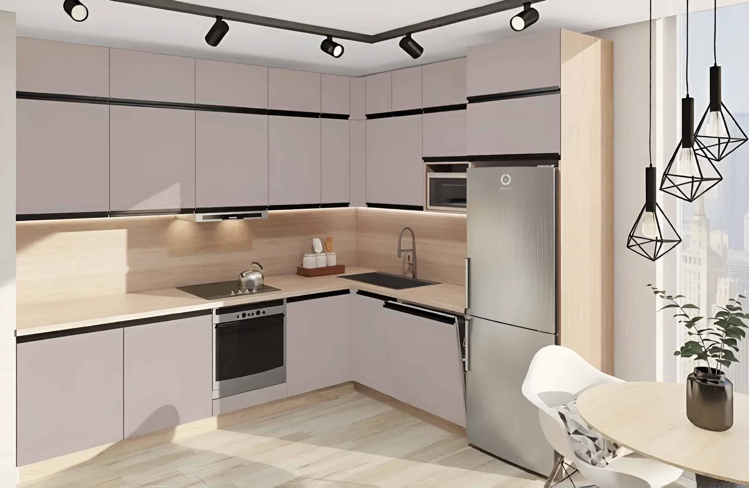 Белая модульная кухня "Тренд" 420 см с фасадами "Тоффи", современный дизайн, угловая расстановка, встроенная техника, стильный интерьер.