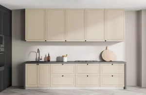 Кухня на заказ "Диамант" 4.4м с островом в белом и кремовом цвете, современный дизайн, фото интерьера кухни от MebelTops.