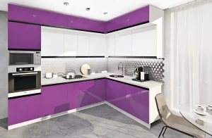 Угловая кухня на заказ "Sigma ручка" 3х1.9м в белом и сиреневом цвете, современный дизайн, глянцевые фасады, фото интерьера.
