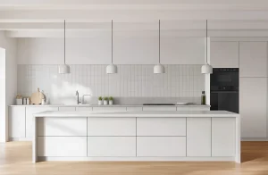 Белая одноуровневая кухня "Эко" 4200 мм, прямой кухонный гарнитур в современном стиле, светлый интерьер кухни, фото MebelTops.