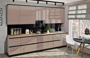 Кухня одноуровневая 4.2м с фасадами Эко Капучино и ручками Gola, современный дизайн, стильный интерьер кухни, MebelTops.