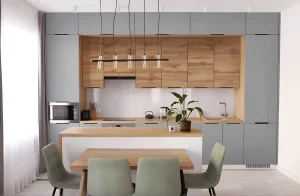 Современная одноуровневая кухня "Лофт" 4,2 метра, крашеный МДФ Титан, стильный дизайн, фото интерьера кухни в современном стиле.