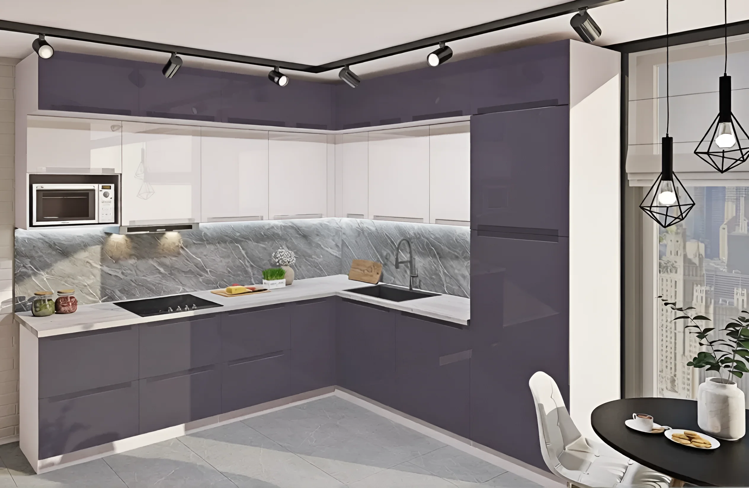 Кухня под потолок "Альфа ручка" графит и белый, размеры 1,8 х 3,6 м, МДФ, современный дизайн, фото интерьера кухни.