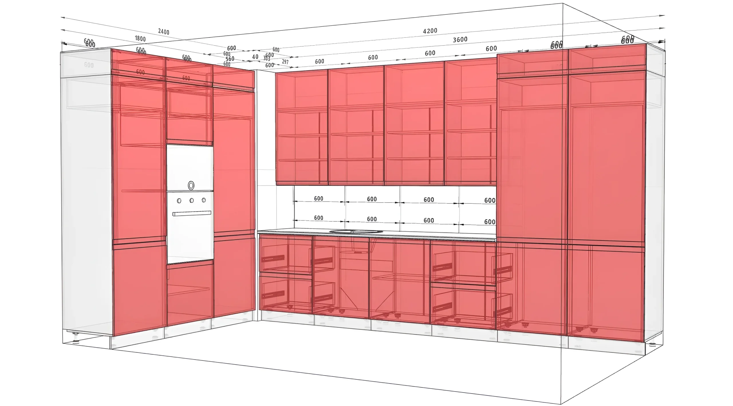 Кухня под потолок "Альфа ручка" 1,8 х 3,6 м МДФ Графит, Белый: современный дизайн, угловая планировка, визуализация проекта кухни в высоком разрешении.
