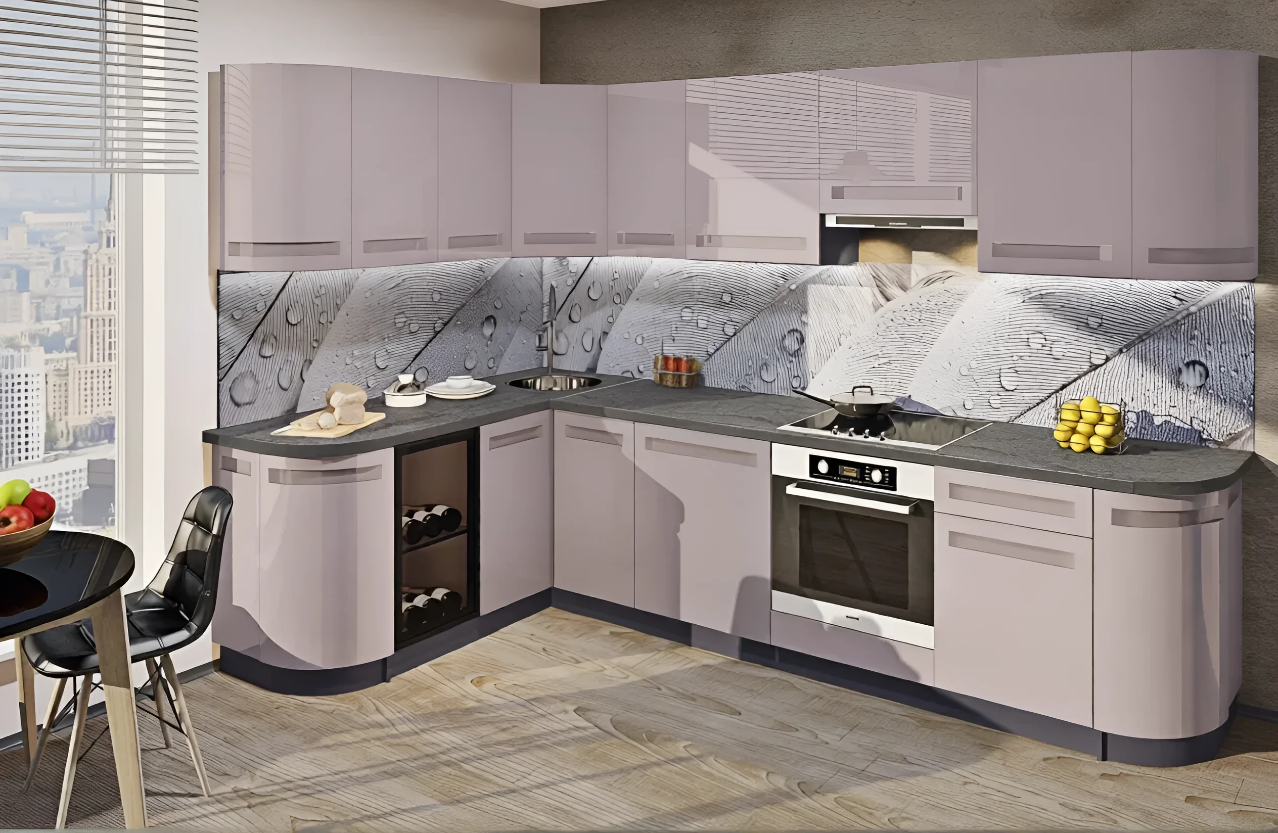 Угловая кухня под потолок "Альфа ручка" 3х2.2 м, МДФ Бархат, светло-серая, современный дизайн, фото интерьера кухни.