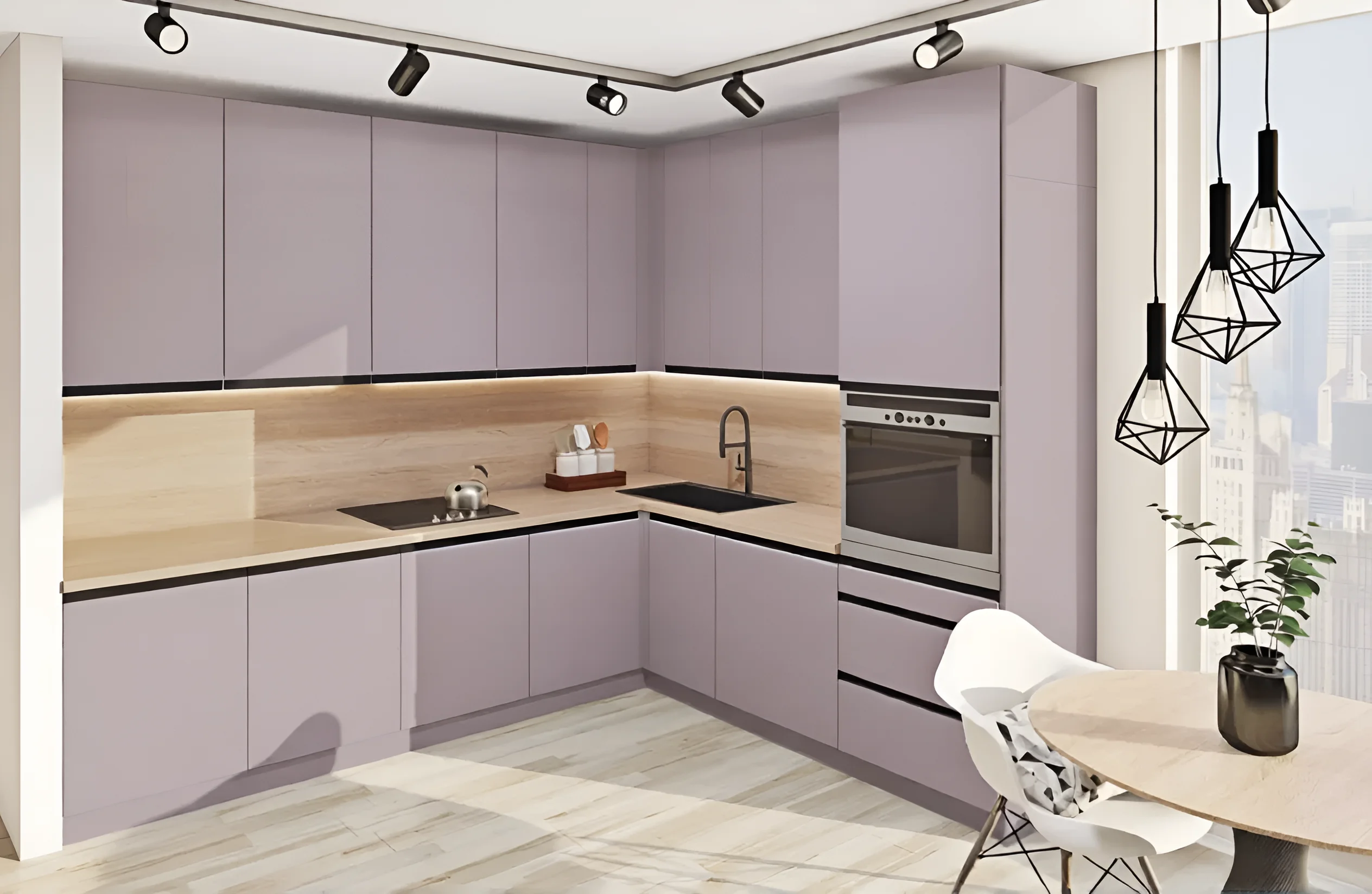 Угловая кухня под потолок "Альфа ручка" 3х2.2 м, МДФ Бархат, лавандовый цвет, современный дизайн, купить в MebelTops.