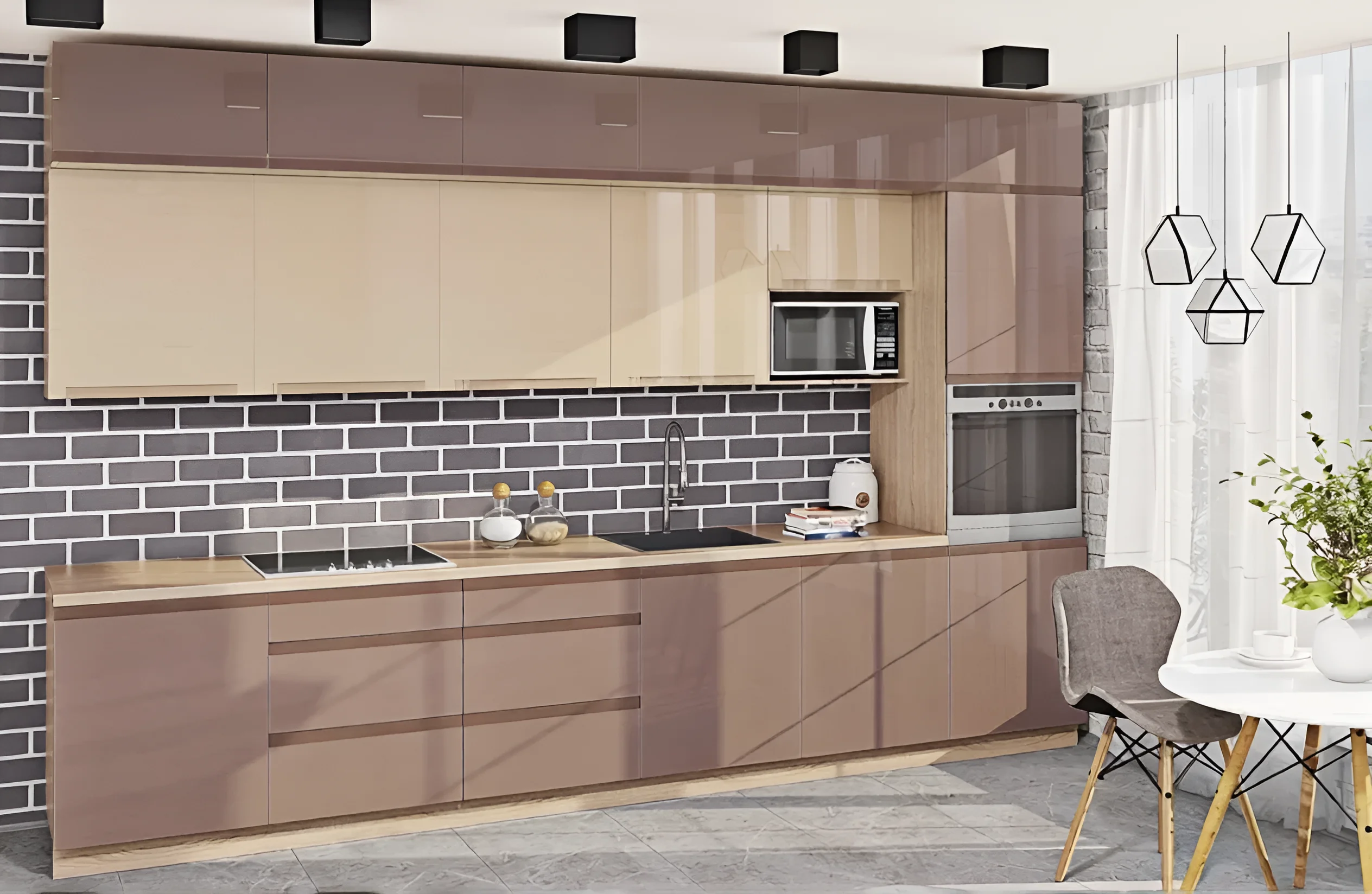 Угловая кухня под потолок "Альфа ручка" 3х2.2 м, МДФ Бархат, современный дизайн, бежевый цвет, фото интерьера кухни.