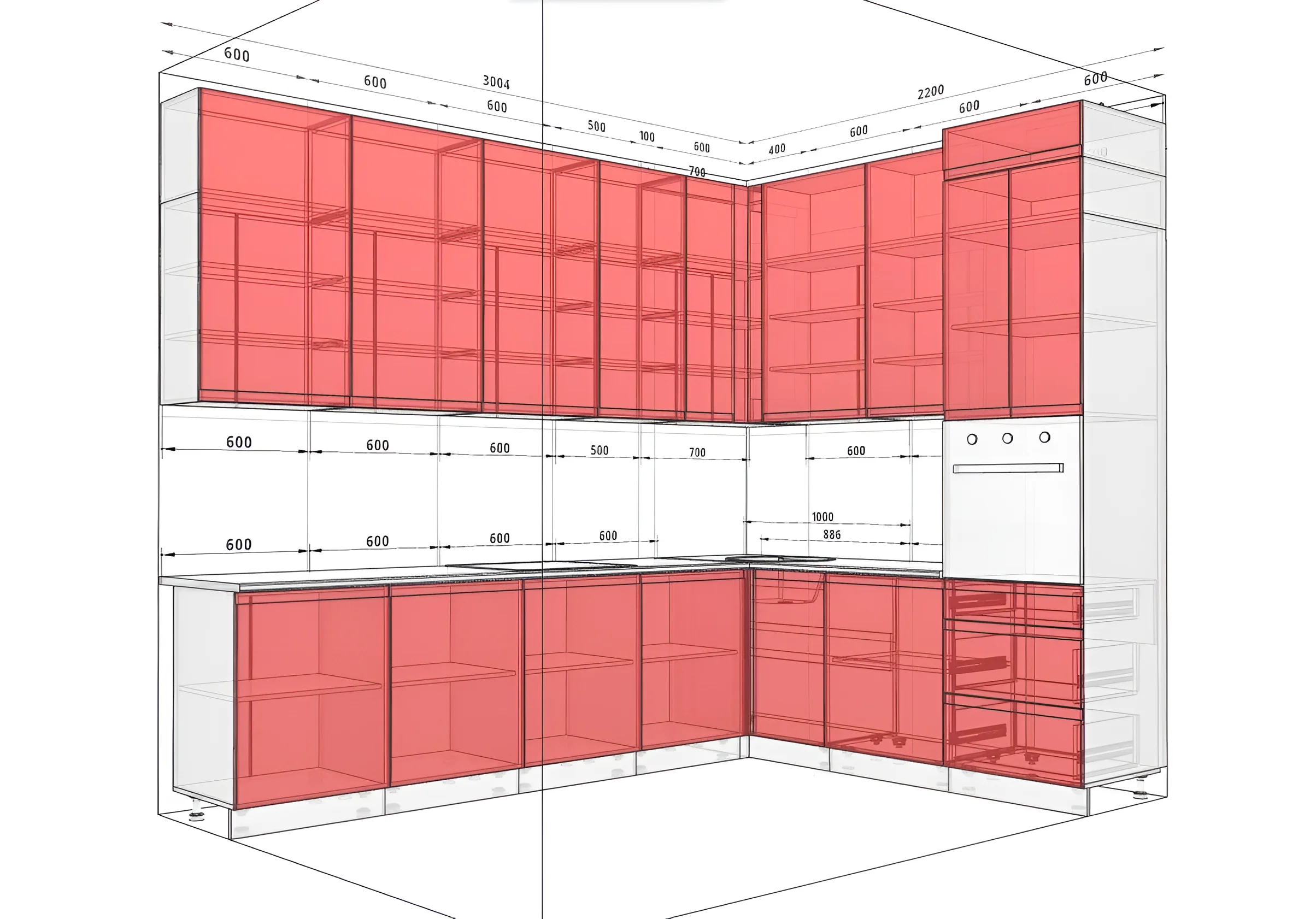 Угловая кухня под потолок "Альфа ручка" 3х2.2 м, МДФ Бархат, современный дизайн, чертеж с размерами, MebelTops.