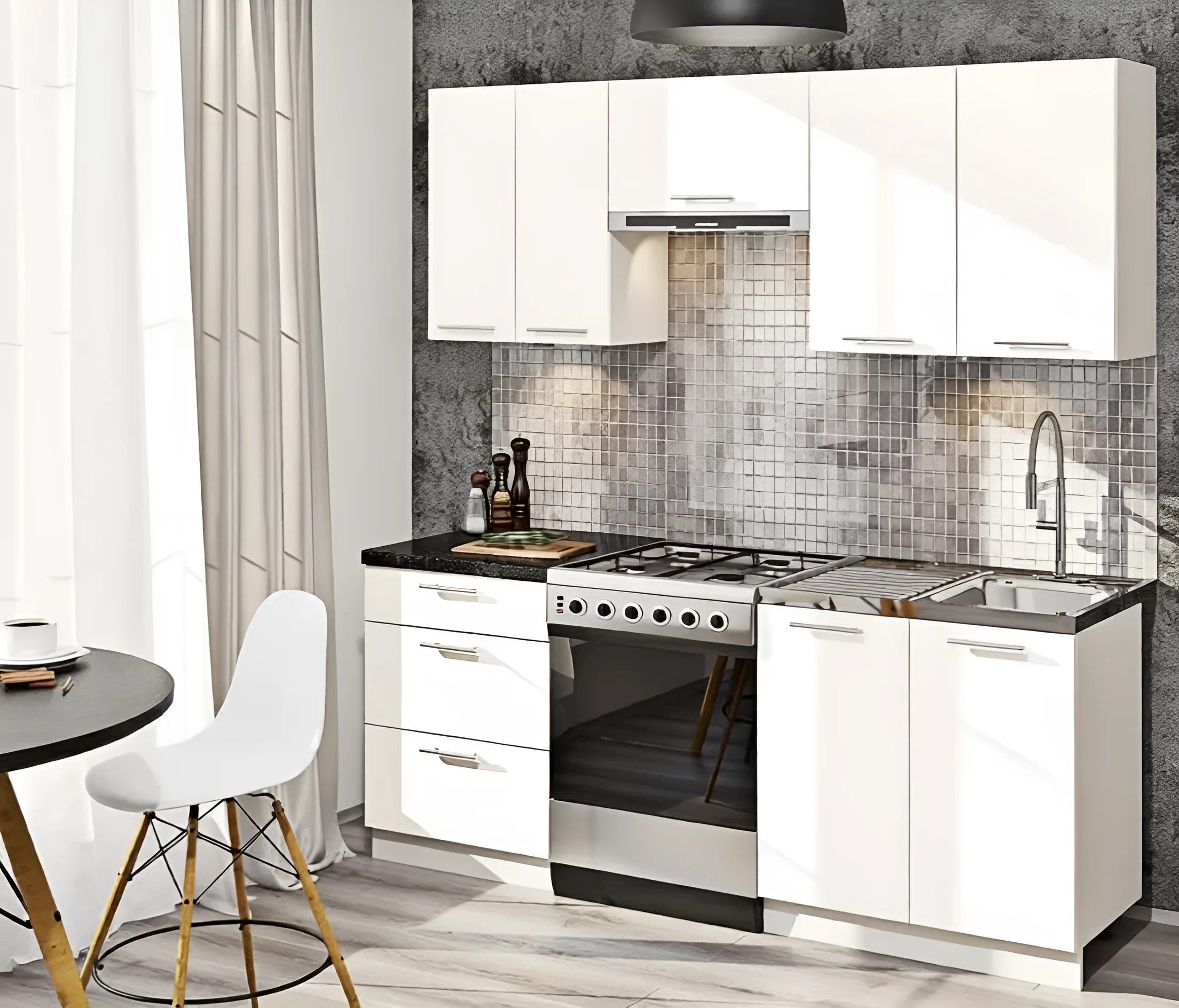 Белая прямая кухня под потолок "Эко" 4.8 метра с темной столешницей, современный дизайн, фото интерьера кухни.