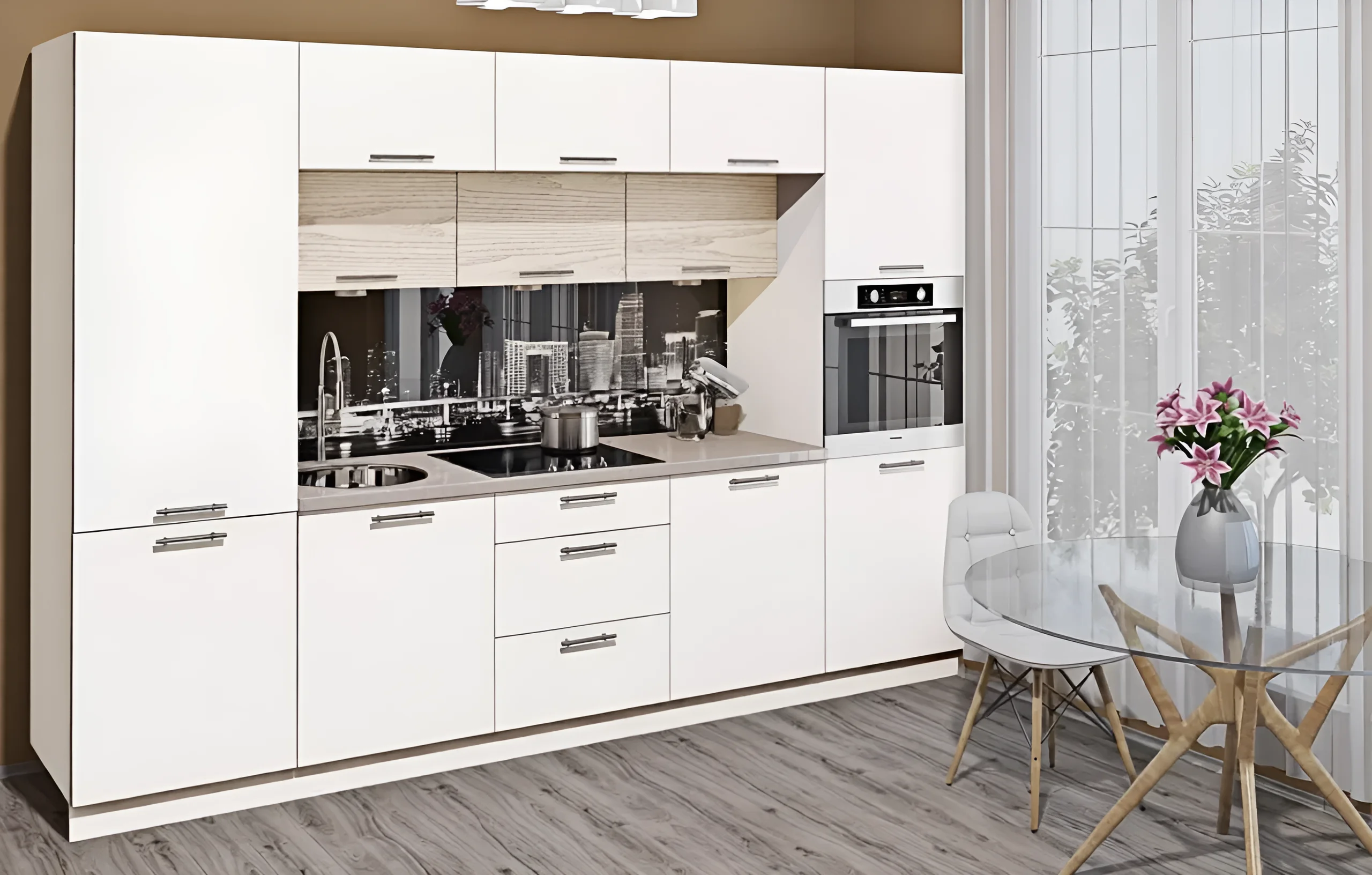 Белая прямая кухня под потолок "Эко" 4.8 метра с темным шоколадным акцентом, современный дизайн, фото интерьера кухни.