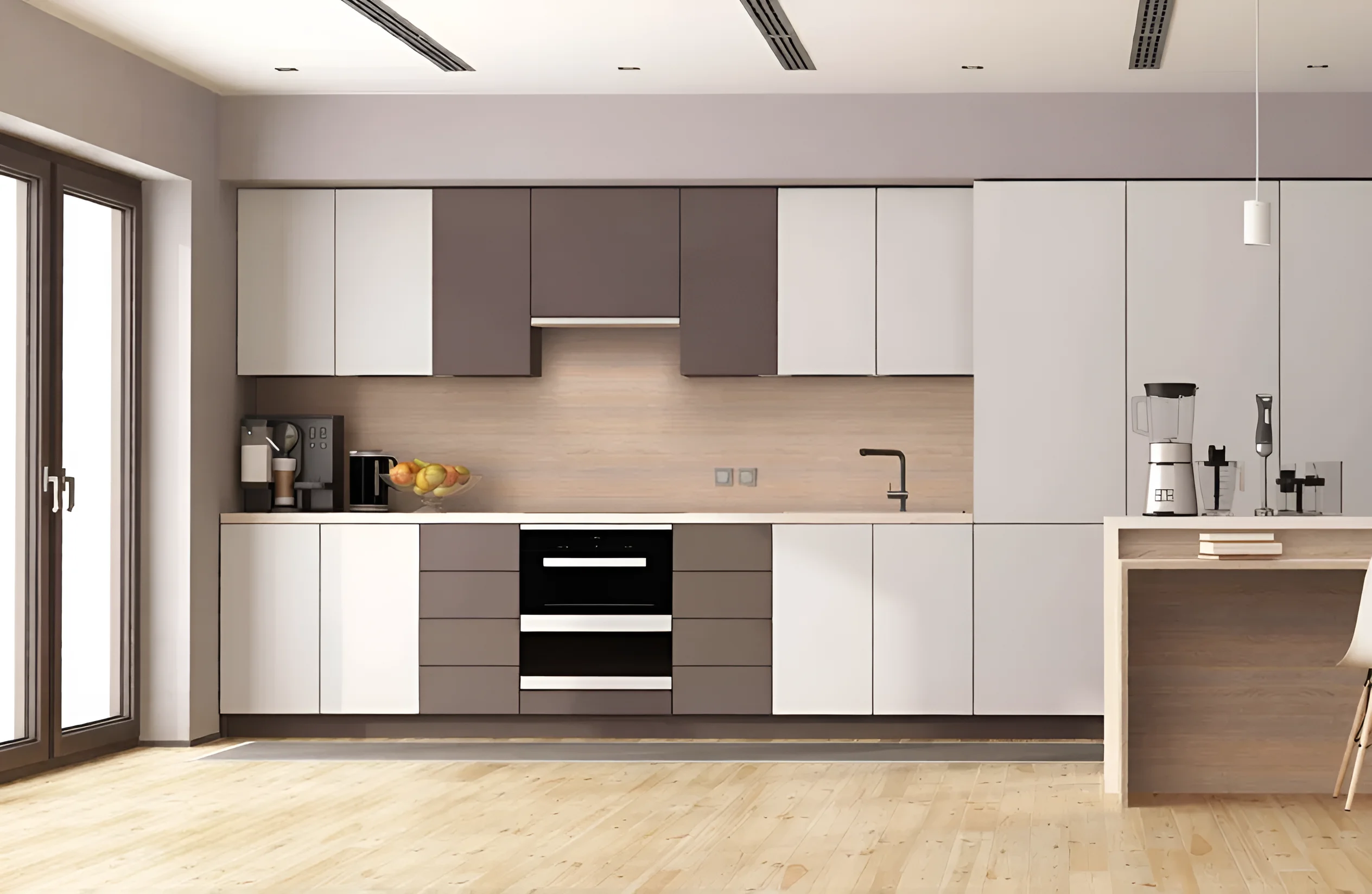 Кухня под потолок "Эко" 4.8 метра прямая, двухцветная - белый и шоколад темный, современный дизайн, фото интерьера кухни.