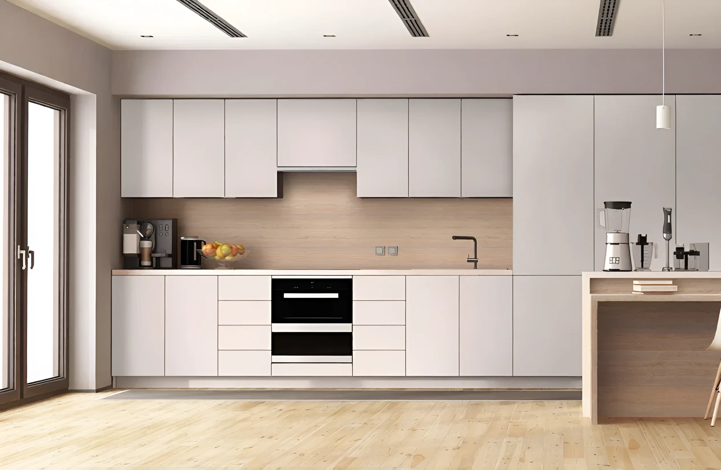 Кухня под потолок "Эко" 4.8 метра прямая в белом и шоколадном цвете, современный дизайн, фото интерьера кухни.