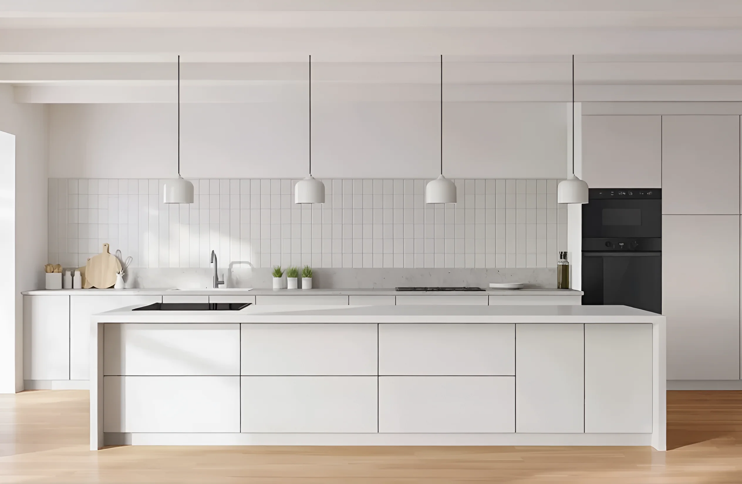 Белая прямая кухня под потолок "Эко" 4.8 метра с темным шоколадным акцентом, современный дизайн, стильный интерьер кухни.