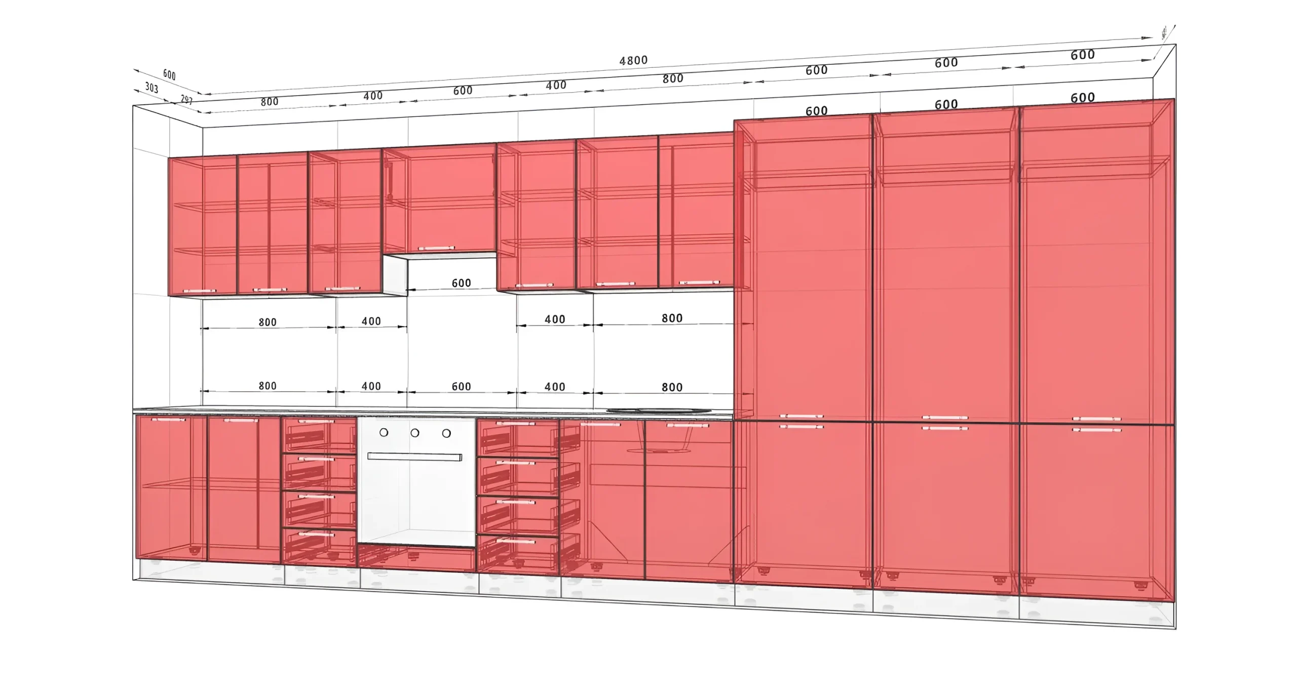 Кухня под потолок "Эко" 4.8 метра прямая, двухцветная: белый и шоколад темный, современный дизайн, визуализация проекта.