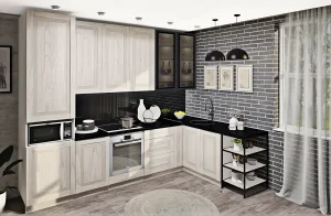 Угловая кухня под потолок "Французский Престиж" 3,1х1,8 м в цвете дуб беленый, современный дизайн, черная столешница, фото интерьера кухни.