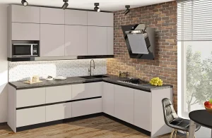 Современная угловая кухня под потолок с фасадами "Лофт" Бархат и системой открывания Gola ручка, размеры 300х220 см.