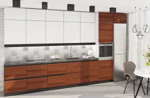 Современная белая и коричневая кухня под потолок с фасадами "Gola ручка", длина 4.2 метра, стиль хай-тек, дуб альпийский.