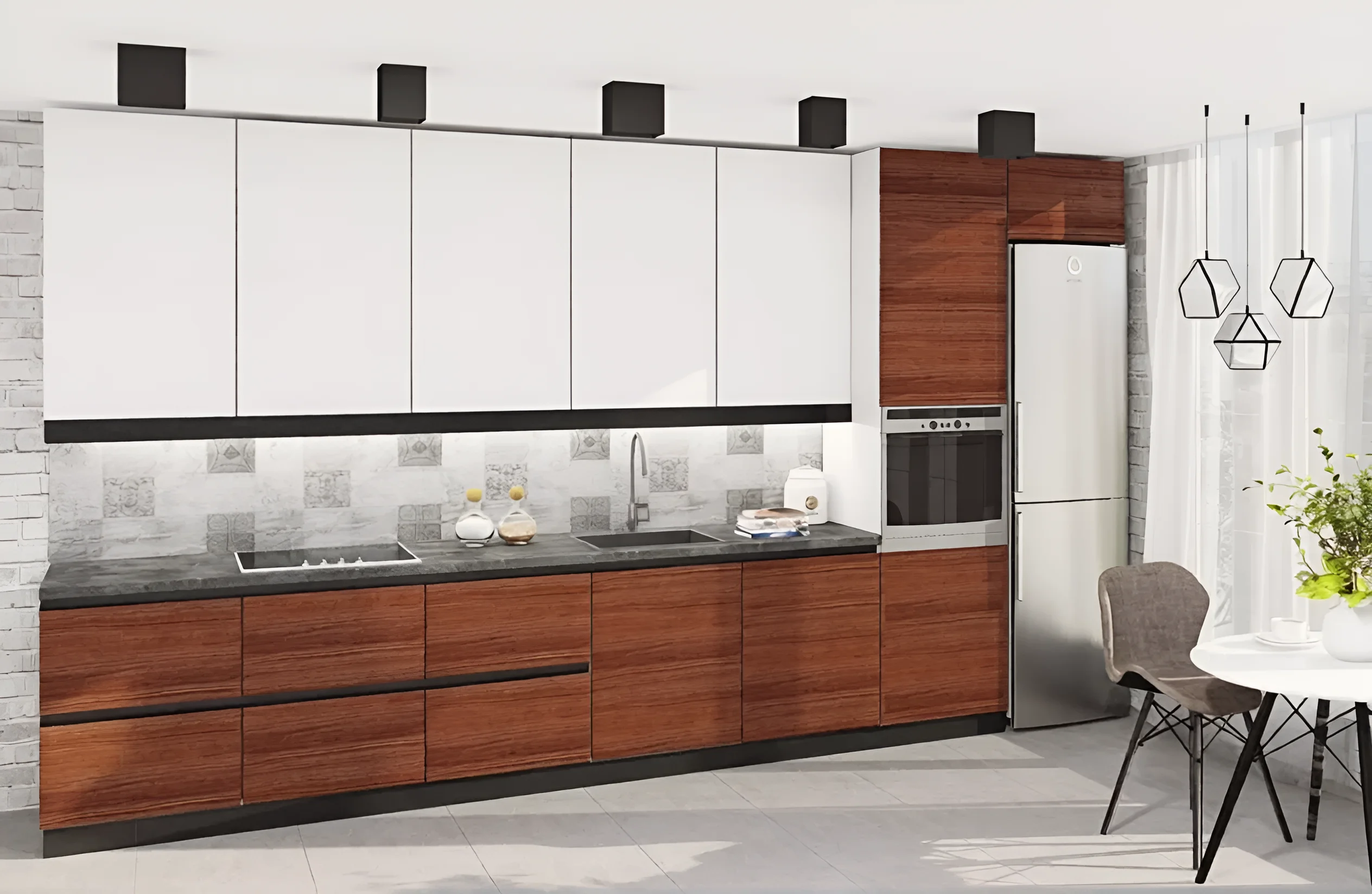 Современная белая и коричневая кухня под потолок с фасадами "Gola ручка", дизайн "Хай-тек", дуб альпийский, 4.2 метра.