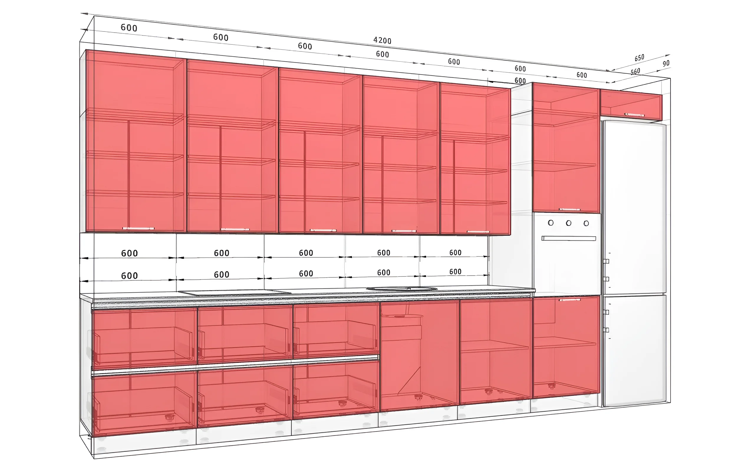 Кухня под потолок Gola ручка 4.2м в стиле хай-тек: дуб альпийский и белый цвет, современный дизайн, визуализация проекта.