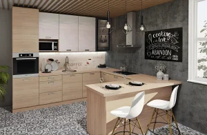 Кухня под потолок "Хай-тек" 3х2,6м П-образная в цвете Дуб сонома и Дуб беленый, современный дизайн, фото интерьера кухни.