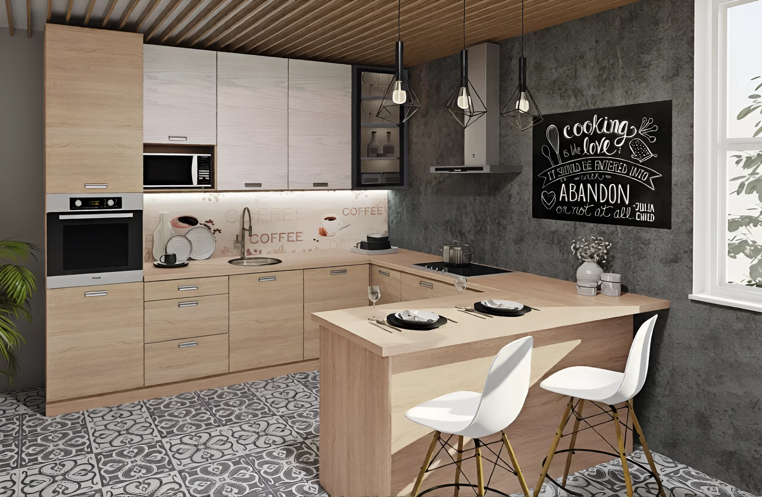 Кухня под потолок "Хай-тек" 3х2,6м П-образная в цвете Дуб сонома и Дуб беленый, современный дизайн, фото интерьера кухни.