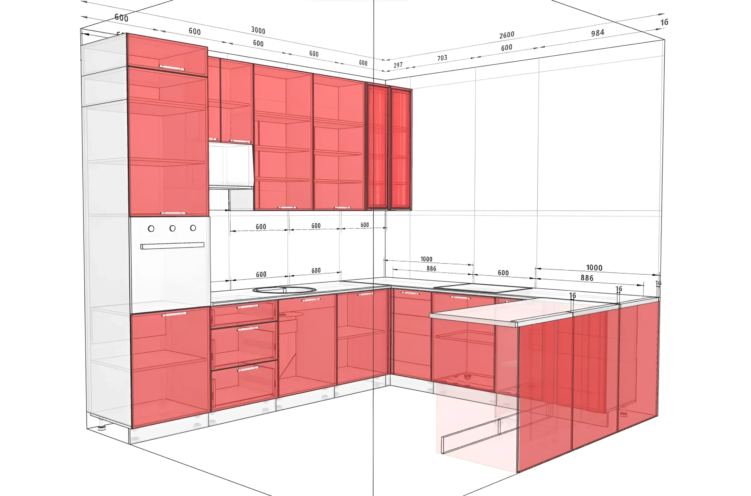 Кухня под потолок "Хай-тек" 3х2,6м П-образная в цвете дуб сонома и дуб беленый, чертеж с размерами для планировки интерьера.