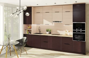 Современная кухня под потолок "Хай-тек" 3,6м в цвете дуб венге и дуб молочный, стильный дизайн, функциональность и удобство.