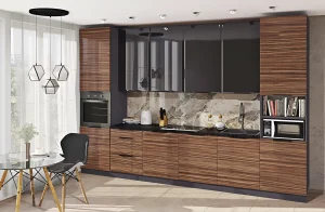 Современная кухня под потолок "Хай-тек" 3,6 м в цвете Зебрано светлое и Асфальт, стильный дизайн, функциональное пространство.