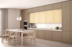 Кухня под потолок "Рамка" 4200мм в цвете кофе с молоком из крашеного МДФ, современный дизайн, светлый интерьер кухни-гостиной.