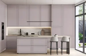 Кухня под потолок "Рамка" бежевого цвета с фасадами из крашеного МДФ, современный дизайн, размеры 1.8 х 3.6м, MebelTops.