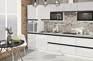 Белая глянцевая кухня под потолок "Тренд" 360мм на фоне кирпичной стены, современный дизайн интерьера кухни, MebelTops.