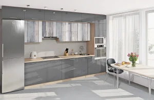 Современная кухня под заказ в стиле хай-тек, цвет графит с цветной печатью, длина 3.6 метра, фото интерьера кухни.