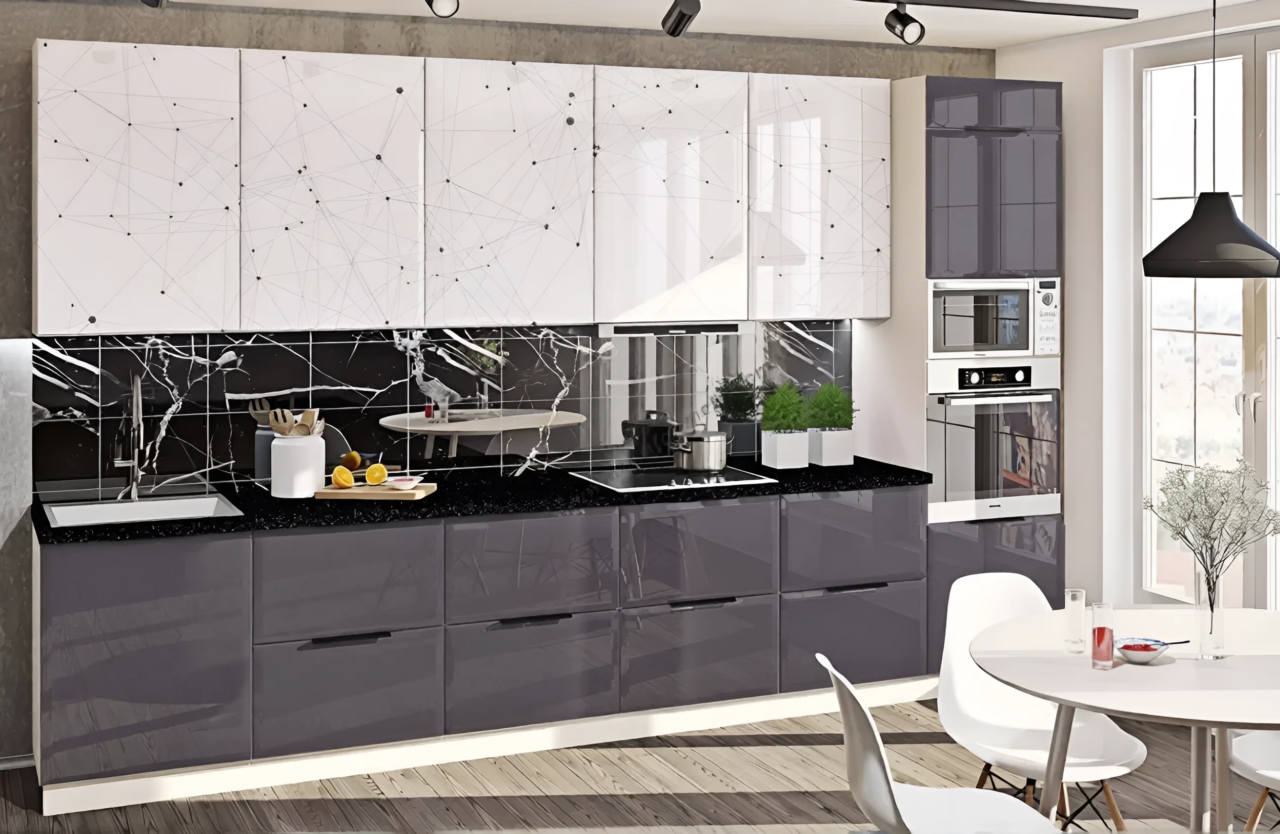 Современная кухня под заказ в стиле хай-тек, цвет графит с цветной печатью, длина 3.6 метра, фото интерьера.