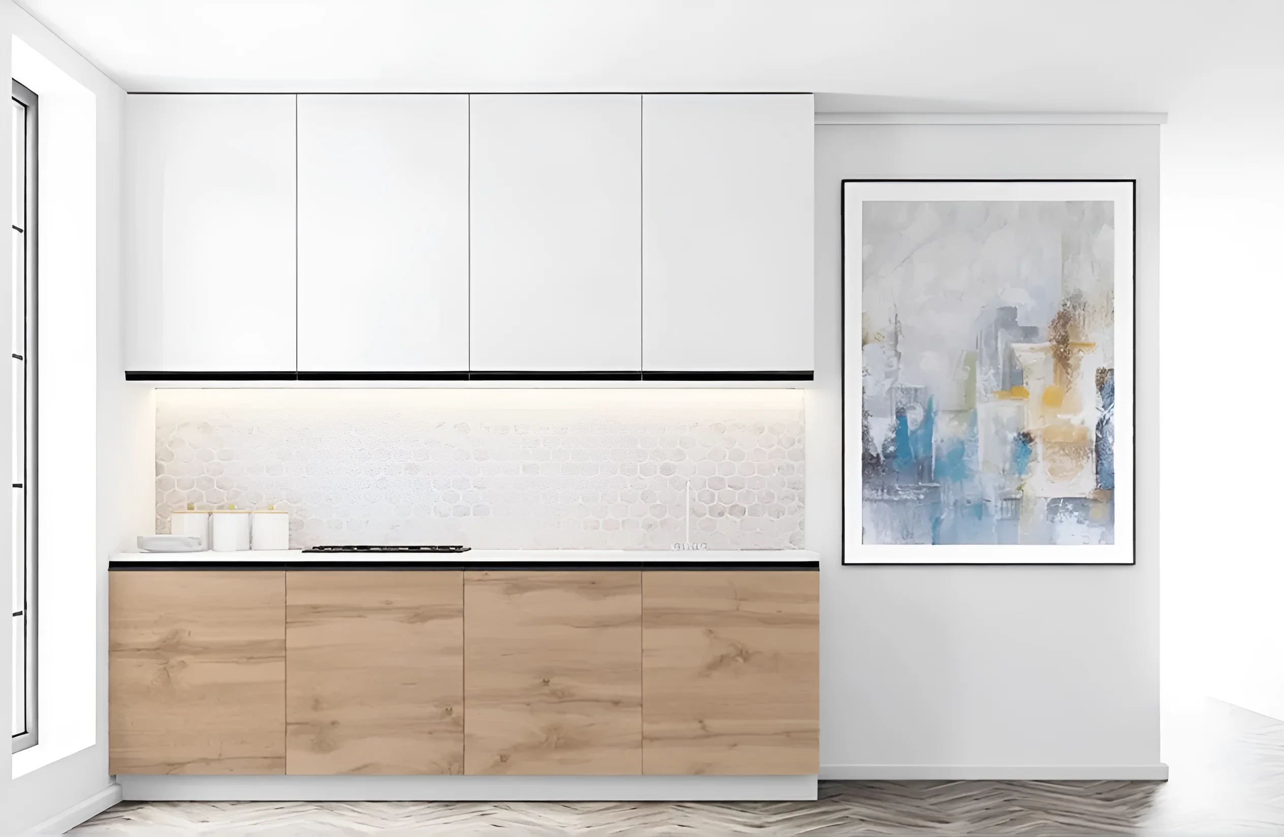 Кухня под заказ Sigma ручка 4.2 метра: белый верх, дуб золотой низ, современный дизайн, прямые фасады, стильный интерьер.