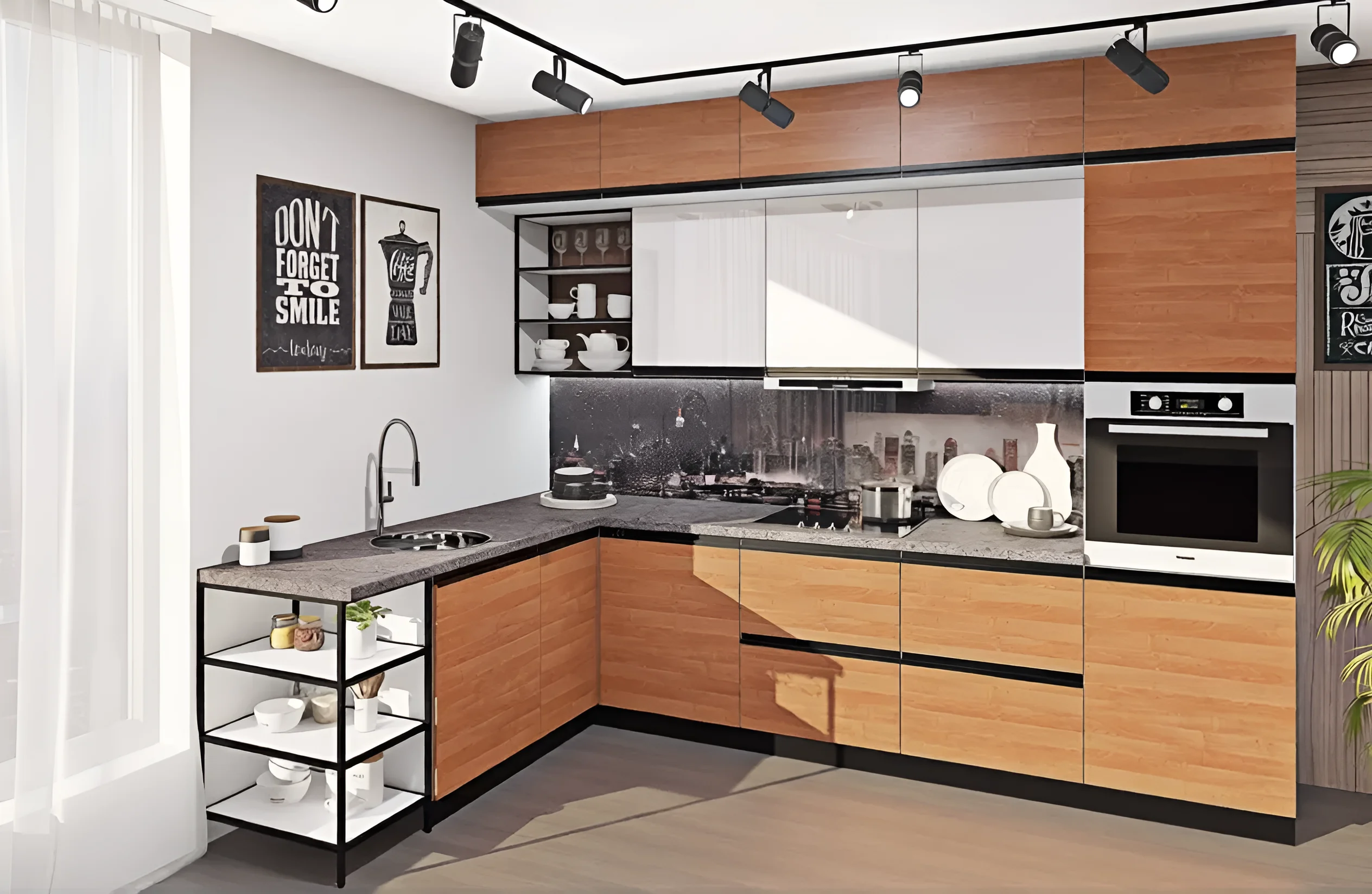 Кухня под заказ Sigma ручка 4.2 метра в белом и дубе золотом, современный дизайн, угловая кухня с открытыми полками.