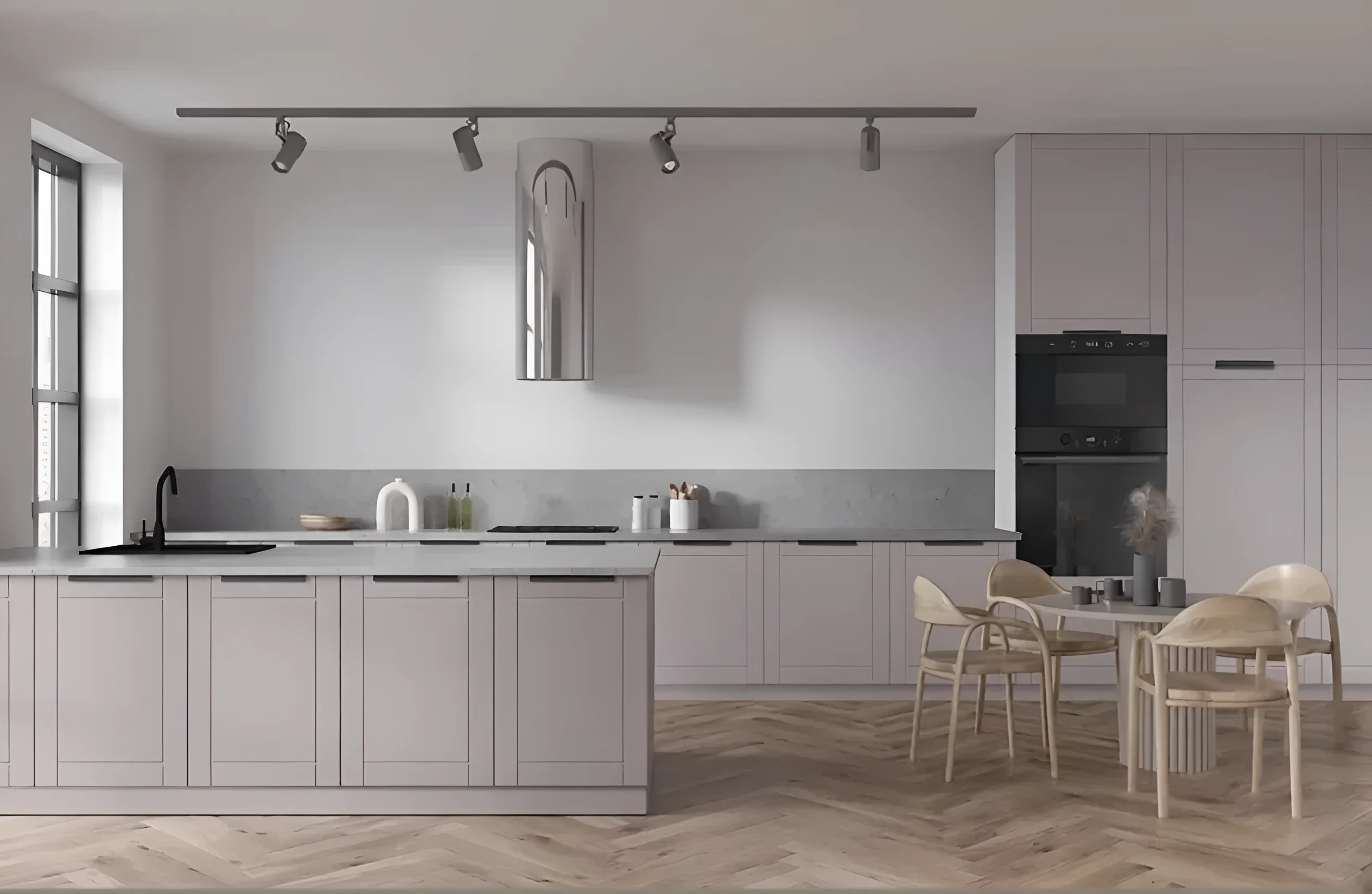 Кухня "Рамка" 3.6х1.8м бежевого цвета с островом из крашеного МДФ в современном интерьере, фото высокого качества.