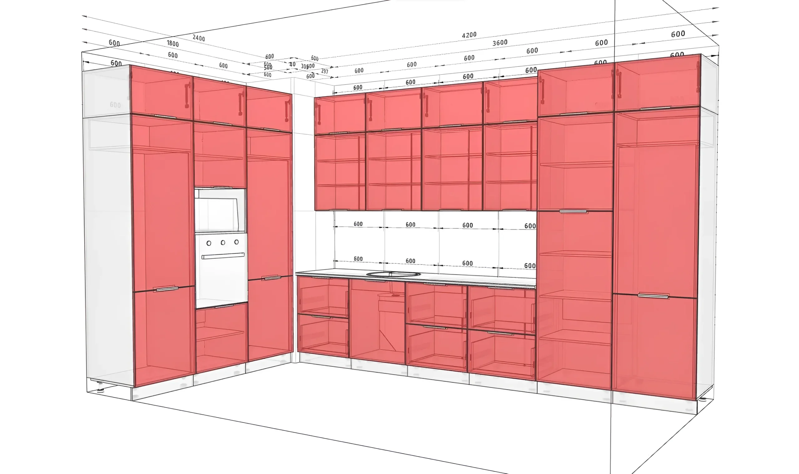 Кухня "Рамка" 3.6х1.8м с островом, крашеный МДФ, цвет Бархат бежевый, современный дизайн, угловая планировка, размеры и схема.