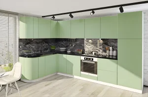 Современная П-образная кухня "Хай-тек" кремового цвета с окном, размеры 3300х2800мм. Стильный дизайн и функциональность для вашего дома.